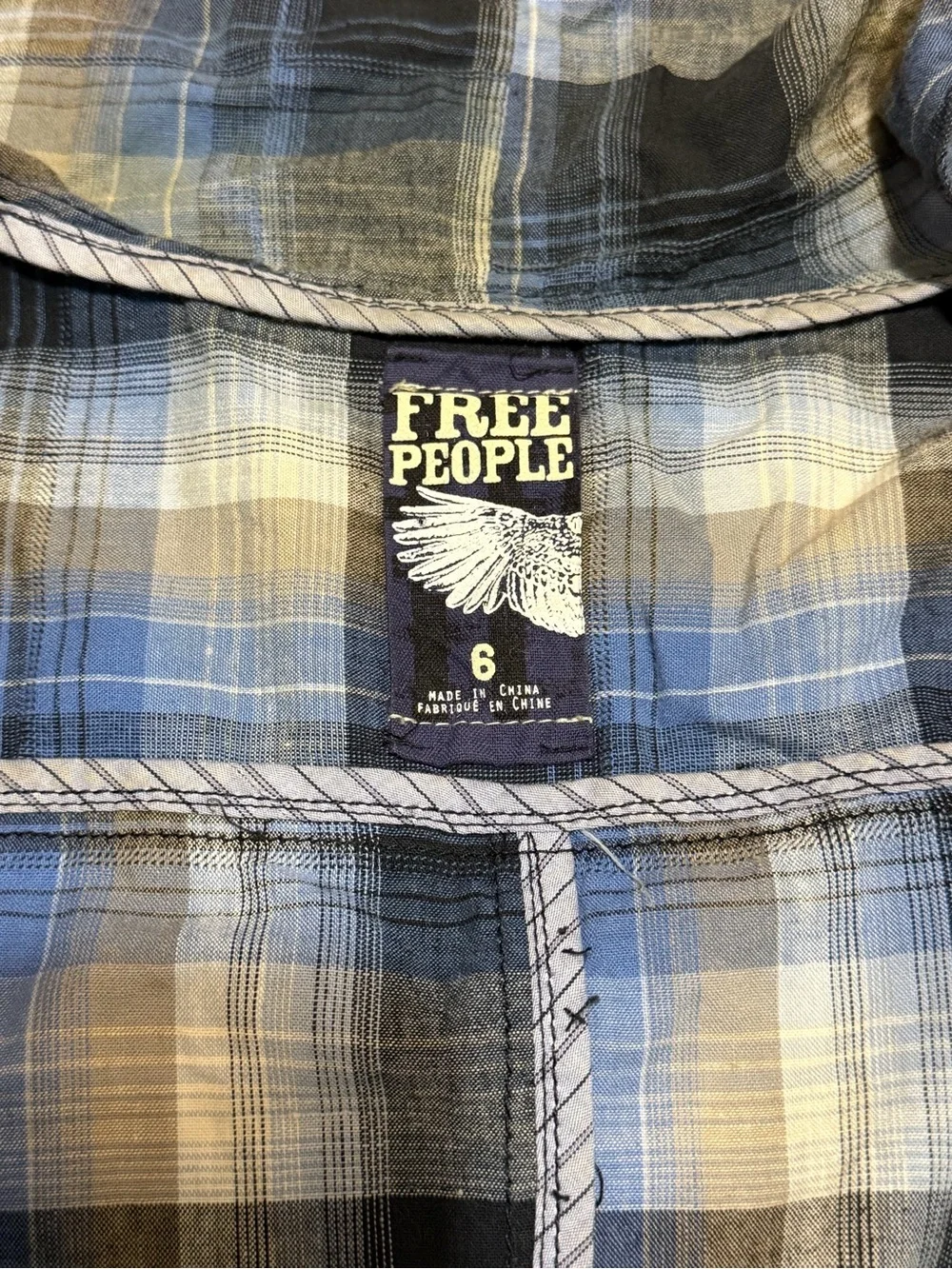 Free People Jacket Womens 6 Blue Plaid Ruffle Peplum Cotton Boho Blazer
